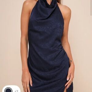 Simply a Stunner Navy Jacquard Cowl Backless Mini Dress